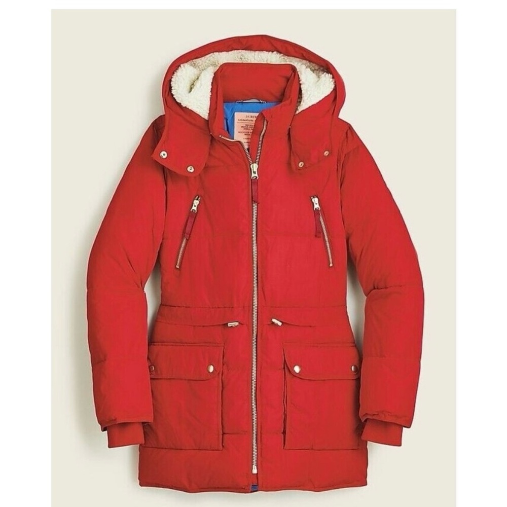 J Crew Signature Chateau Puffer Red Hooded Puffer Jacket